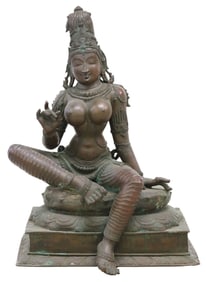 LARGE BRONZE/ COPPER ALLOY FIGURE OF HINDU DEVI PARVATI, INDIA, 35"H