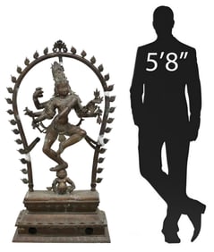 PATINATED BRONZE/ COPPER ALLOY SCULPTURE, SHIVA AS NATARAJA, 59.5"H- DAMAGED FLAME SURROUND