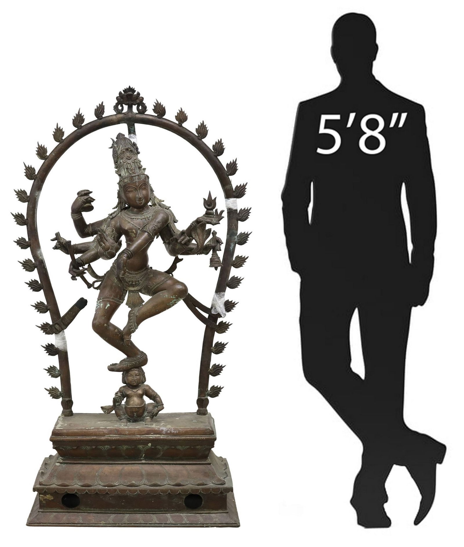 PATINATED BRONZE/ COPPER ALLOY SCULPTURE, SHIVA AS NATARAJA, 59.5"H- DAMAGED FLAME SURROUND (1 of 8)
