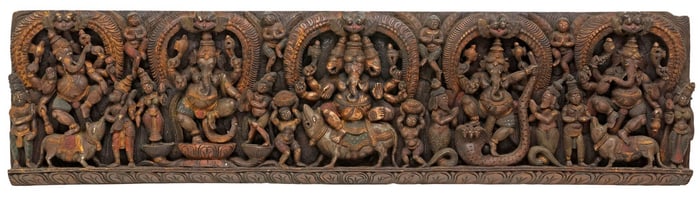 LARGE INDIAN CARVED GANESHA WALL PANEL OR ARCHITECTURAL ELEMENT, 47.25"L