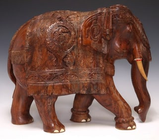 LARGE ORNATE CARVED ROSEWOOD ELEPHANT, INDIA