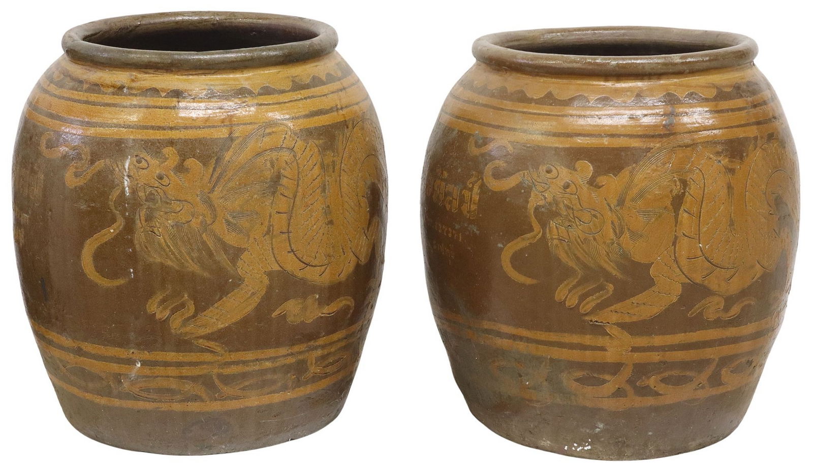 (2) LARGE SOUTHEAST ASIAN GLAZED EARTHENWARE MARTABAN JARS, 27.5"H (1 of 5)