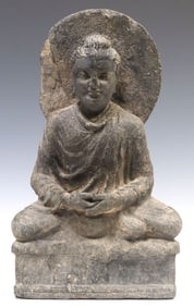 GANDHARAN-STYLE GRAY STONE FIGURE SEATED BUDDHA DHYANAMUDRA