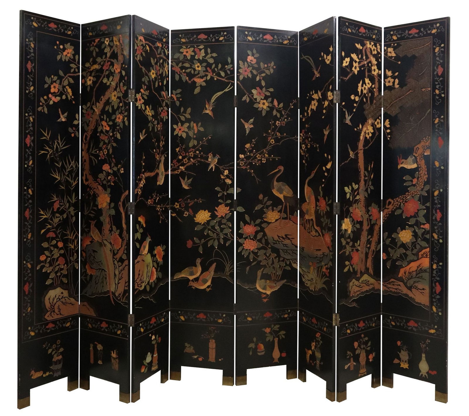 LARGE CHINESE BLACK LACQUER EIGHT-PANEL FOLDING SCREEN, 96"H (1 of 5)