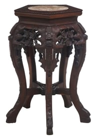 CHINESE MARBLE-INSET CARVED HARDWOOD PEDESTAL/ STAND