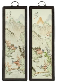 (2) FRAMED CHINESE PAINTED PORCELAIN WALL-HANGING PLAQUES
