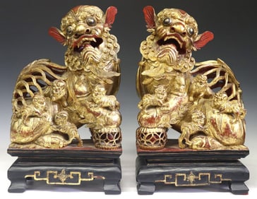 (2) CHINESE CARVED & GILTWOOD GUARDIAN FOO LIONS, 18.5"H