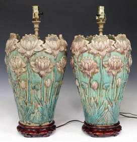 (2) CHINESE POTTERY RELIEF-MOLDED LOTUS FLOWER TABLE LAMPS
