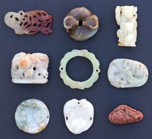 (9) CHINESE CARVED JADE PLAQUES, FIGURES, & TOGGLES