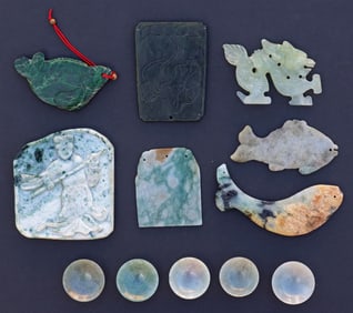 (12) CHINESE CARVED JADE FIGURAL TOGGLES & PLAQUES