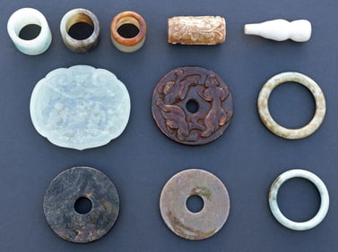 (11) CHINESE CARVED JADE BI, TOGGLE & ACCESSORIES