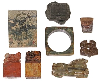 (8) CHINESE CARVED JADE & SOAPSTONE CABINET & TABLE ITEMS