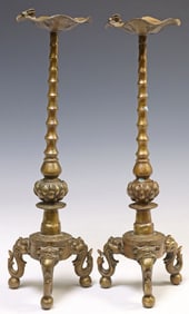 (2) CHINESE PATINATED METAL LOTUS LEAF & FROG CANDLESTICK HOLDERS