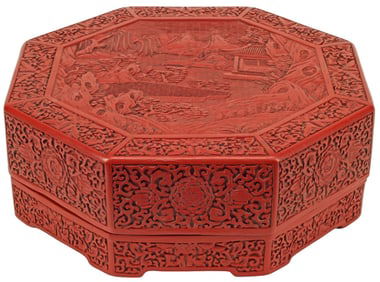CHINESE OCTAGONAL RED LANDSCAPE SCENE TABLE BOX