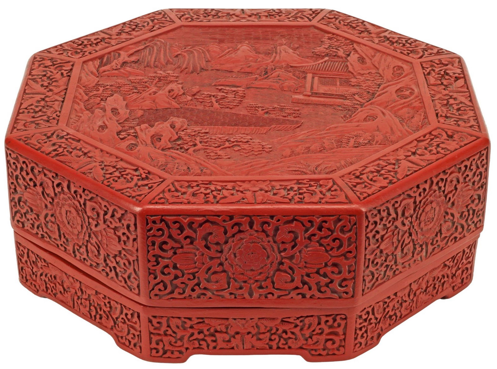 CHINESE OCTAGONAL RED LANDSCAPE SCENE TABLE BOX (1 of 5)
