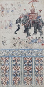 FRAMED THAI BUDDHIST NARRATIVE PAINTING OF ELEPHANT PROCESSION