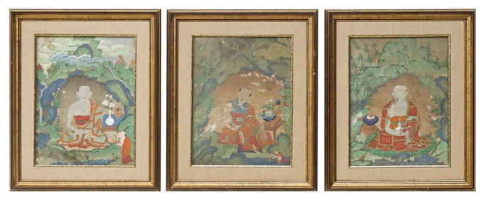 (3) FRAMED TIBETAN BUDDHIST PAINTED THANGKA OF ARHATS