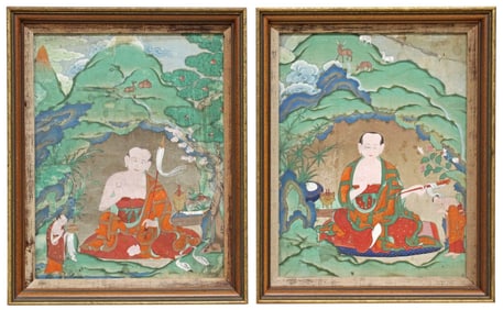 (2) FRAMED TIBETAN BUDDHIST PAINTED THANGKA OF ARHATS