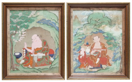 (2) FRAMED TIBETAN BUDDHIST PAINTED THANGKA OF ARHATS