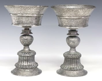 (2) ORNATE TIBETAN SILVER-TONE METAL BUTTER LAMPS