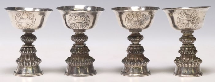 (4) ORNATE TIBETAN SILVER-TONE METAL BUTTER LAMPS