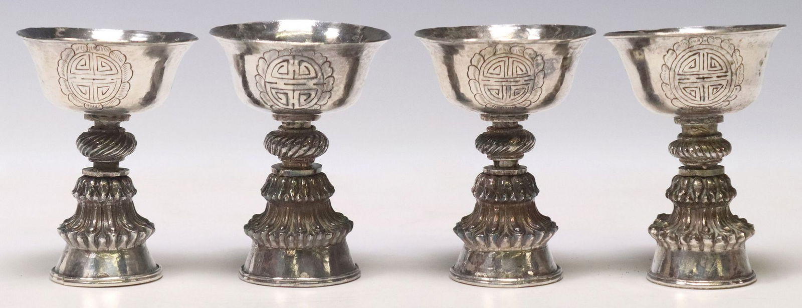 (4) ORNATE TIBETAN SILVER-TONE METAL BUTTER LAMPS (1 of 6)