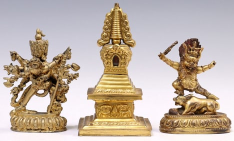 (3) TIBETAN GILT BRONZE PALDEN, CHAKRASAMVARA & VAJRAVARAHI & CLAD STUPA