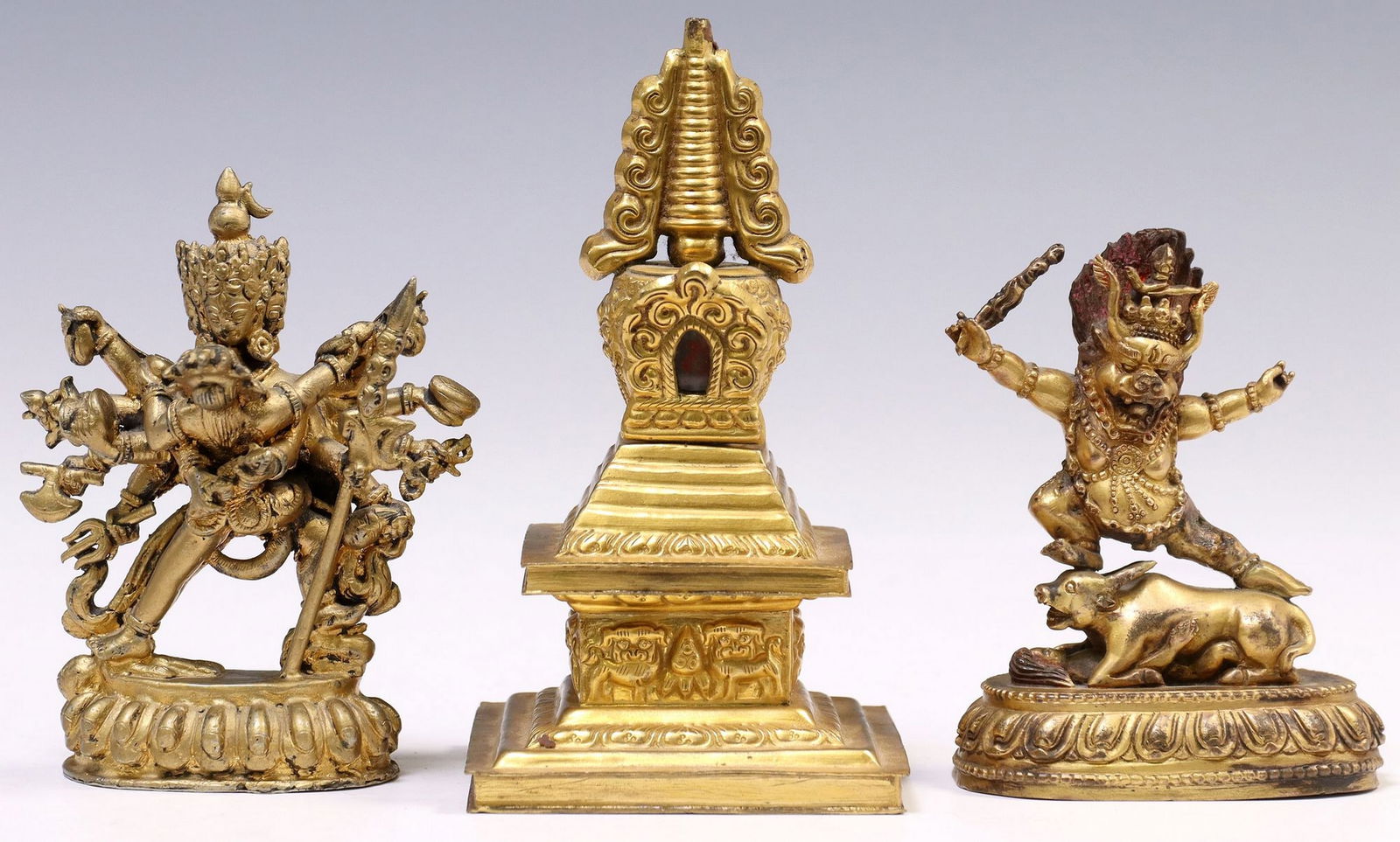 (3) TIBETAN GILT BRONZE PALDEN, CHAKRASAMVARA & VAJRAVARAHI & CLAD STUPA (1 of 7)