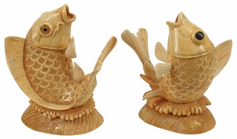 (2) JAPANESE CARVED BONE VENEERED MODELS OF CARP FISH