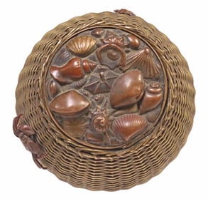 JAPANESE MIXED METAL INKWELL FISHING BASKET WITH CRUSTACEANS & SHELLS