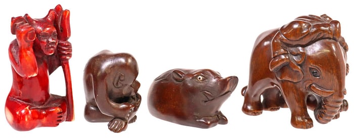 (4) JAPANESE CARVED HARDWOOD NETSUKE, ELEPHANT, MONKEY, BOAR, & DEMON