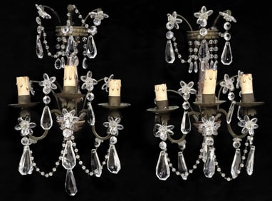 (2) ITALIAN CARVED WOOD & CRYSTAL SWAG 3-LT WALL SCONCES