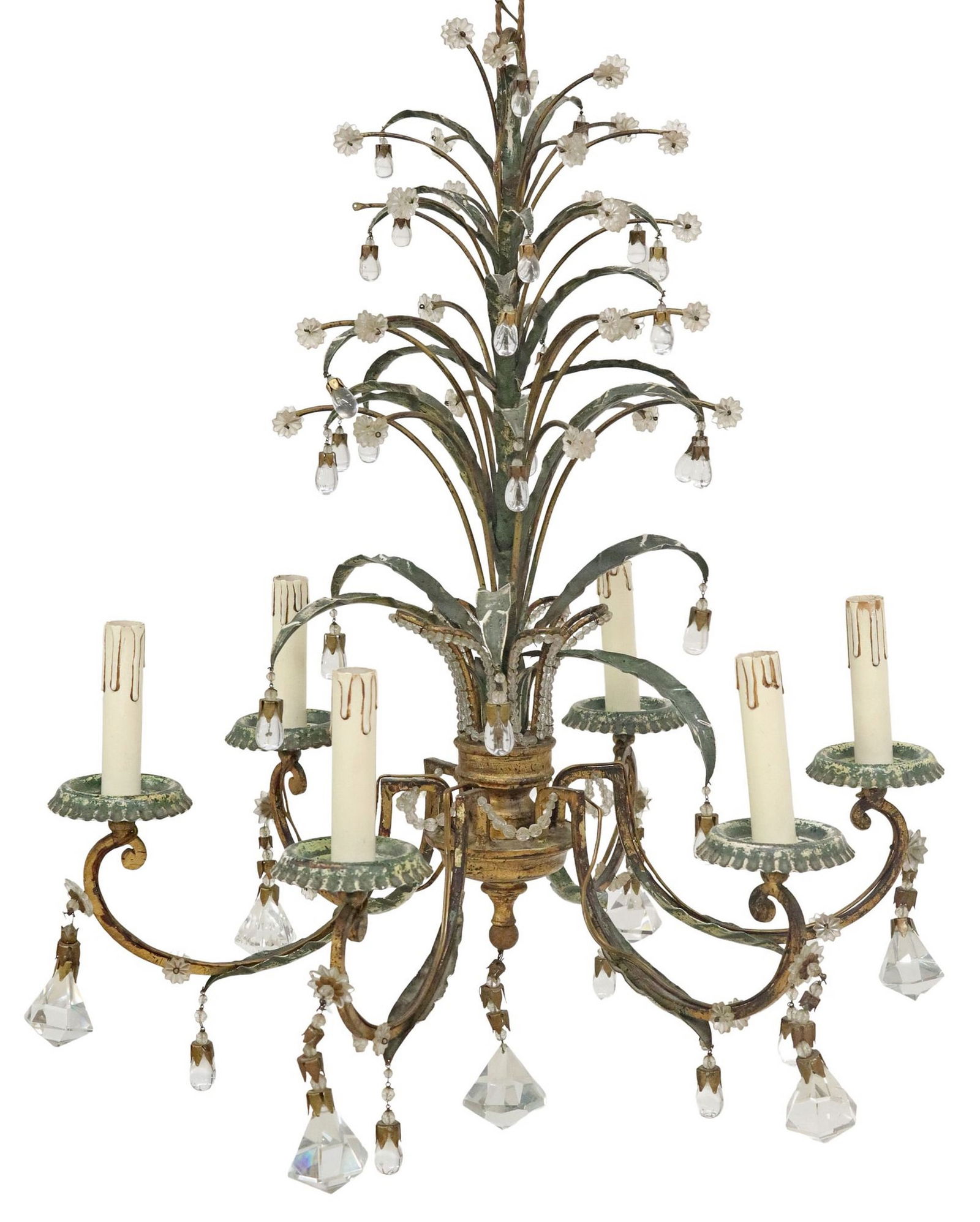 MAISON BAGUES STYLE PARCEL-GILT & TOLE PAINTED 6-LT CHANDELIER (1 of 4)