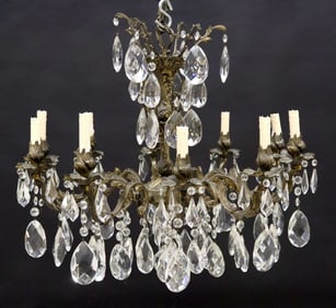 ITALIAN GILT METAL & CRYSTAL FOLIATED 10-LT CHANDELIER