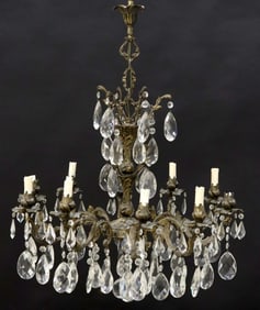 ITALIAN GILT METAL & CRYSTAL FOLIATED 10-LT CHANDELIER