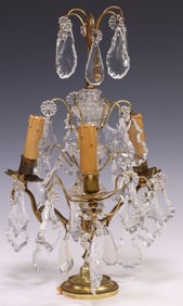 FRENCH GILT BRONZE & CRYSTAL 3-LT GIRANDOLE TABLE LAMP