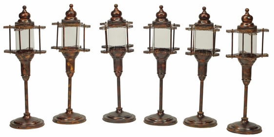 (6) PAINTED METAL & GLASS STANDING FLOOR LANTERNS