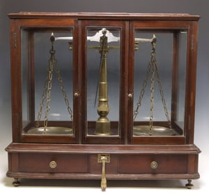 LARGE ITALIAN MAHOGANY-CASED BRASS BALANCE SCALES