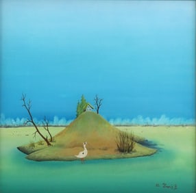 SIGNED CROATIAN SCHOOL REVERSE PAINTED GLASS PANEL, ISLE IN THE SEA