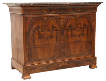 FRENCH LOUIS PHILIPPE MARBLE-TOP BURL WALNUT COMMODE