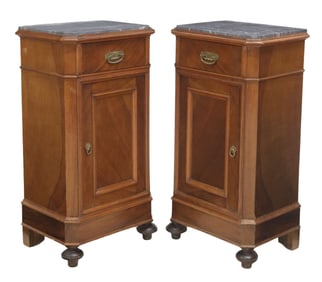 (2) ITALIAN MARBLE-TOP WALNUT BEDSIDE CABINETS