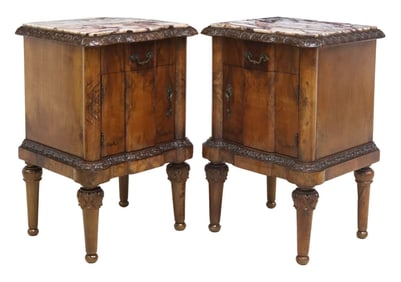 ITALIAN MARBLE-TOP CARVED WALNUT BEDSIDE CABINETS