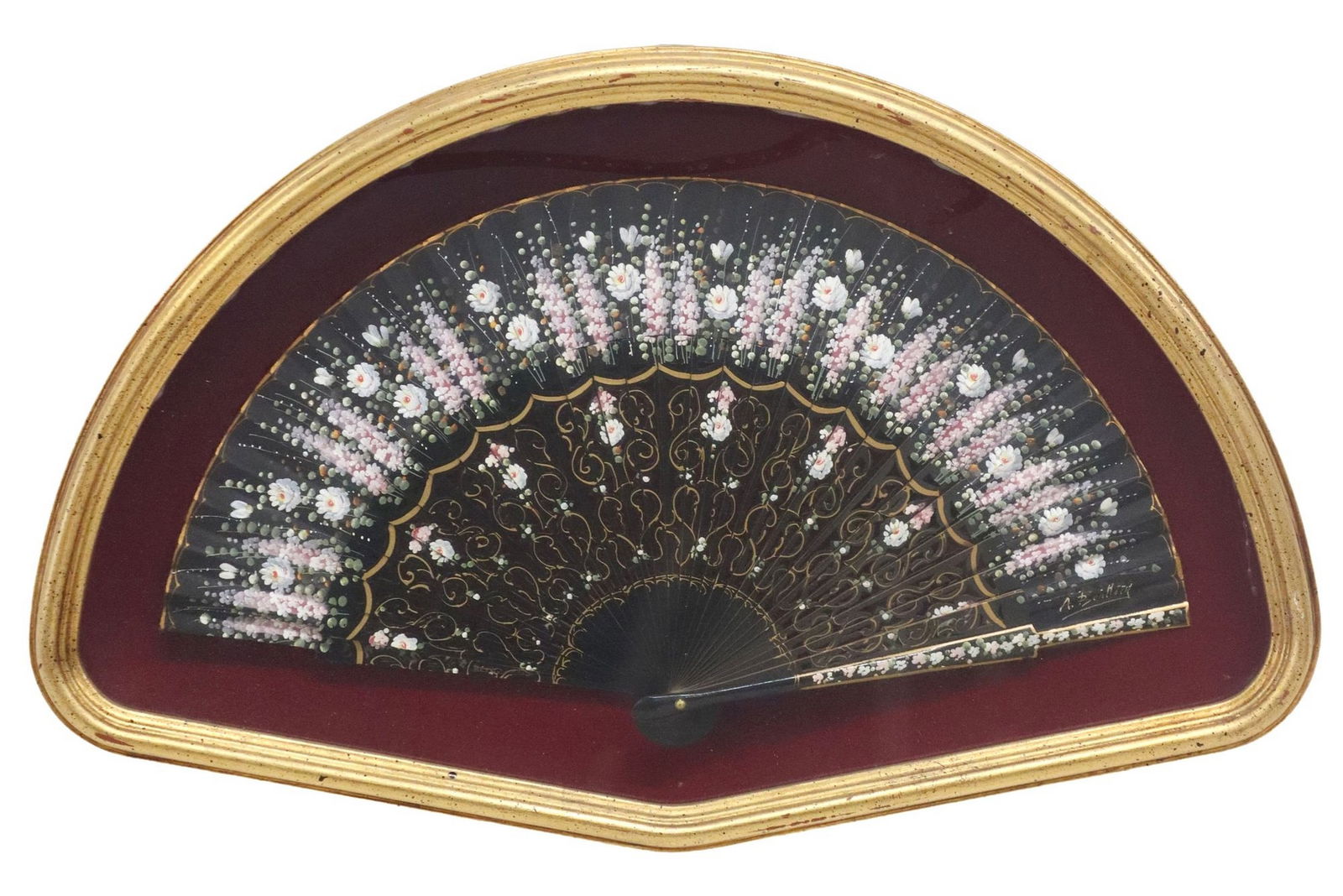 PAINTED LADIES' FOLDING FAN IN GILTWOOD SHADOWBOX FRAME (1 of 2)