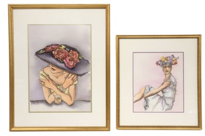 (2) FRAMED WATERCOLORS OF YOUNG WOMEN WITH FLORALS