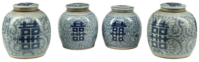 (4) CHINESE BLUE & WHITE PORCELAIN 'DOUBLE HAPPINESS' JARS & COVERS