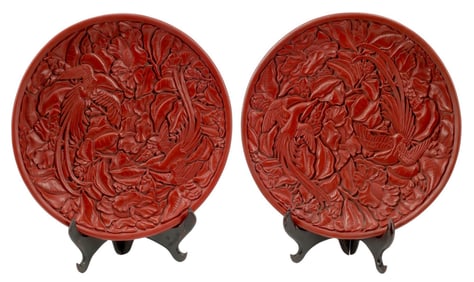 (2) CHINESE RED CHARGERS OR CABINET PLATES