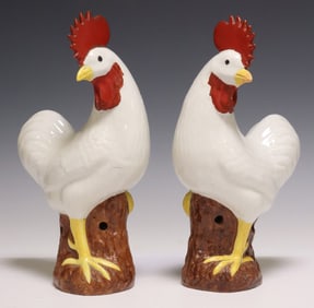 (2) CHINESE GLAZED PORCELAIN STANDING ROOSTERS, 13.5"H