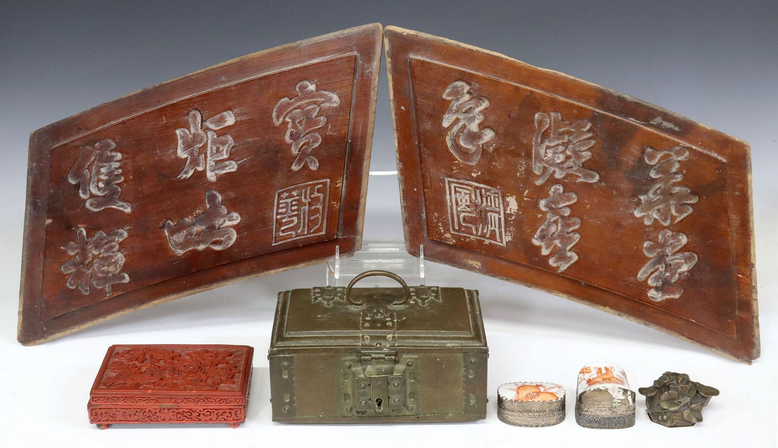 (7) CHINESE BOXES & CARVED WOOD PANELS: (lot of 7) Asian decorative objects, including: (1) Chinese painted red-lacquer metal playing card box, interior fitted for two decks of cards, (2) small metal boxes with porcelain-mounted covers