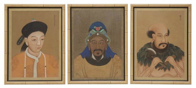 (3) CHINESE PORTRAIT PAINTINGS ON WOVEN CLOTH
