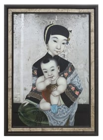 CHINESE REVERSE-PAINTED MIRROR MOTHER & CHILD